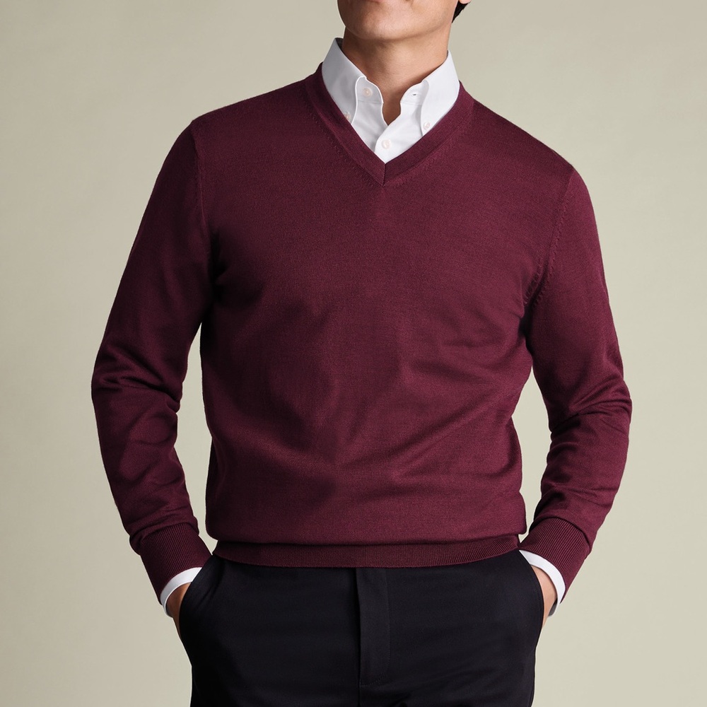 EXPRESS 100% Fine Merino Wool Burgundy V-Neck Sweater